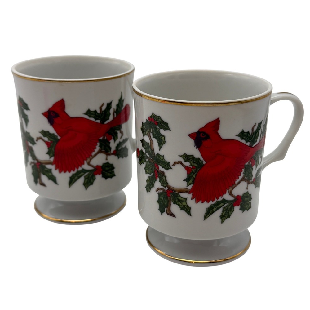 Lefton Cardinal Holly Footed Coffee Mugs Set of 2 Hand Painted Christmas Holiday